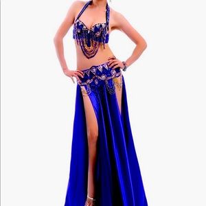 Professional Belly Dance Costume - Blue Bra, Belt, & Skirt w/ Sequins & Beads